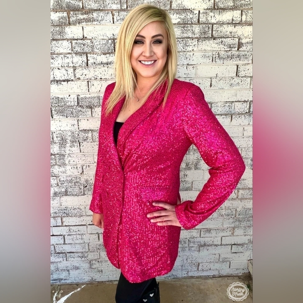 NWT $80 Sterling Kreek Women's Blingin Blazer Pink Sequin Stretch 3X